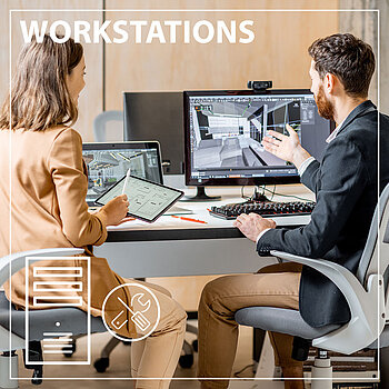 Two creative office employees making interior design on the computer and digital tablet at the modern office of architectural firm. Concept of 3d modeling and digital Interior designing