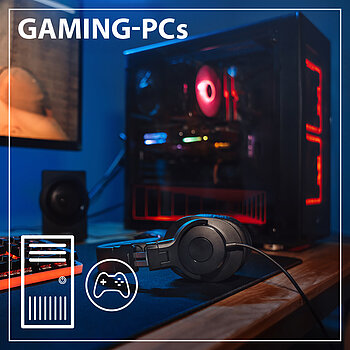 Computer gamer workplace with new game keyboard, mouse, headphones, modern pc with blur blue and red neon light. Powerful personal computer for e cyber sport gamer on the table at home. Close up