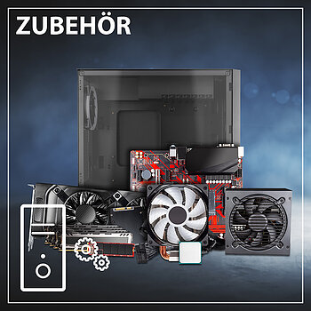 All parts and components for modern desktop computer. Mainboard power supply RAM M2 SSD hard disk CPU fan cooler graphics card and midi tower pc case isolated white background 